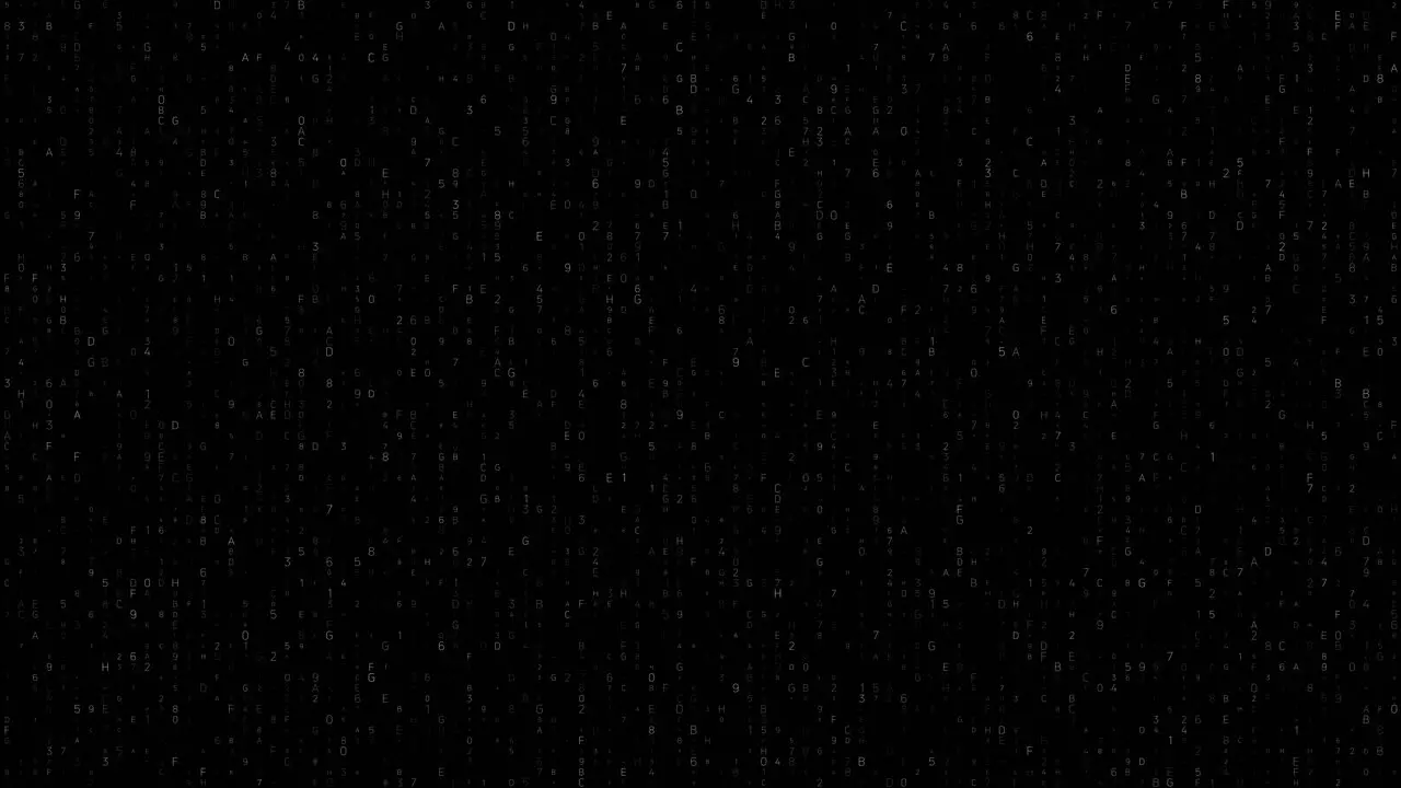 Digital animation of codes and particles moving in matrix style slow matrix rain effect on dark background digital world concept