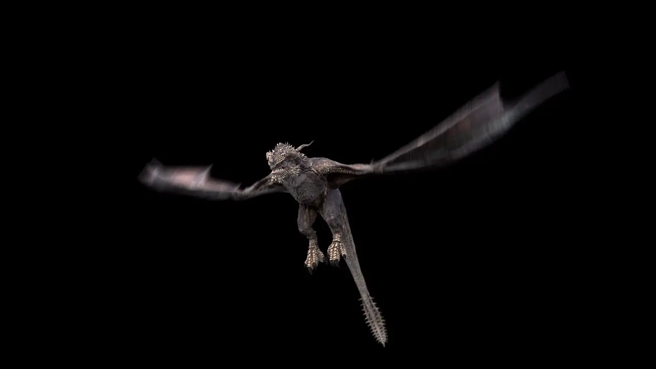 Realistic dragon flying in front of camera on black background