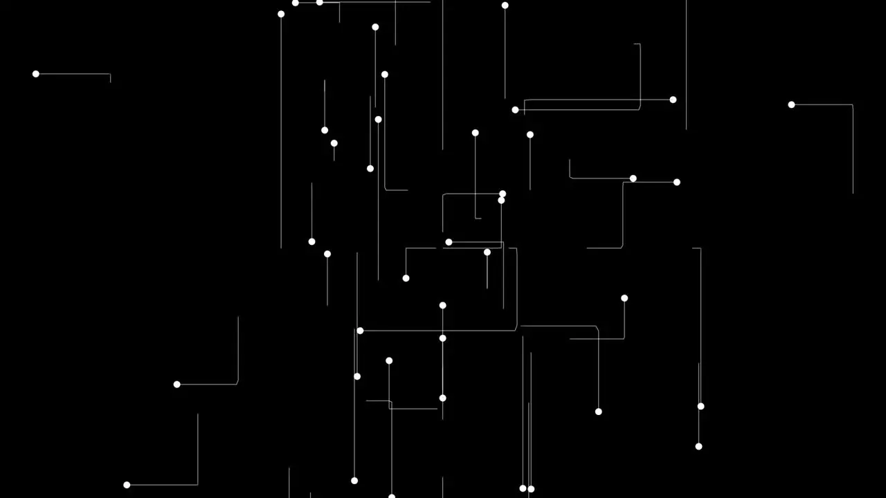 Animation of white dots and lines spreading over black background electrical conduit pipe circuit board concept