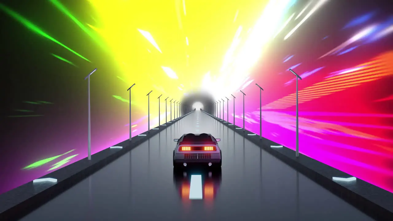 Animation of car driving through tunnel with coloured light trails moving through it