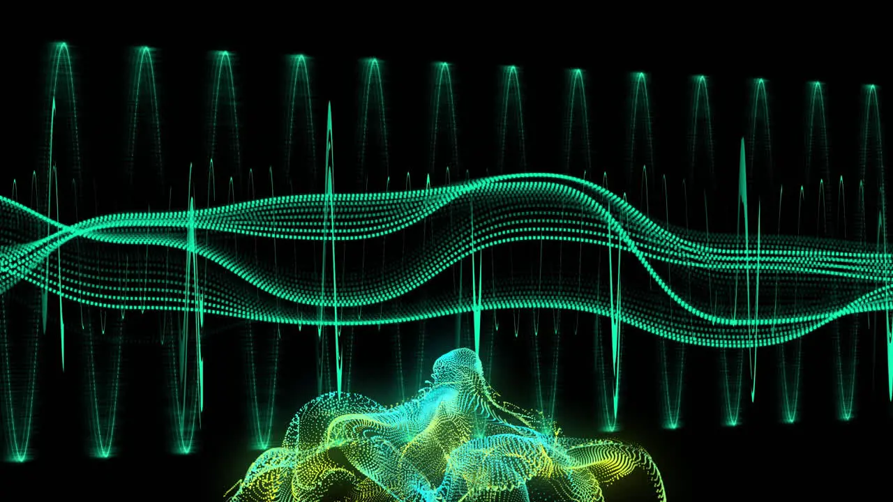 Animation of light trails and data processing over black background