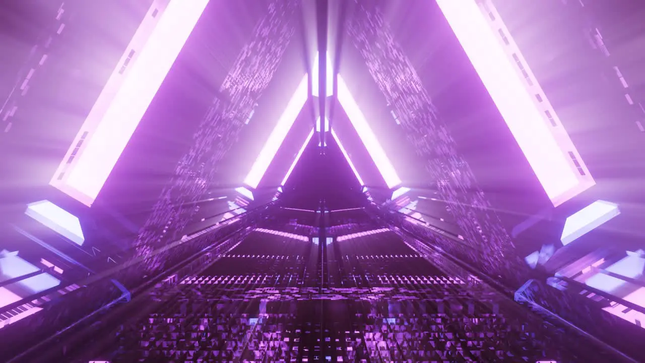 Computerized motion graphics of moving through purple triangular space tunnel with light of positivity emitting from center 3d rendering and illustration