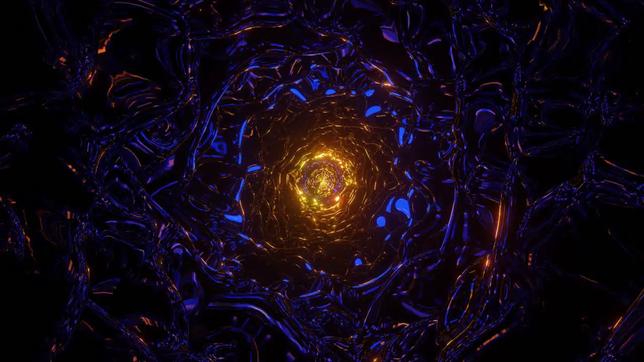 Computerized animation of deep dark narrow metallic tunnel with golden light at the end