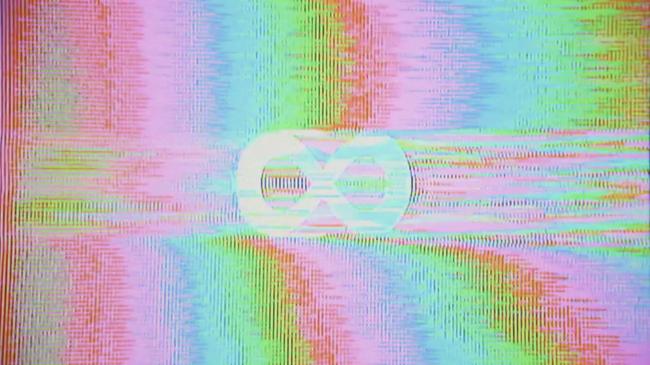 Infinity symbol retro glitch infinity sign chromatic luma distortion infinity 8 visual 90s 80s TV television glitching bad signal tape recorder scanning lines grain pattern vaporwave vintage