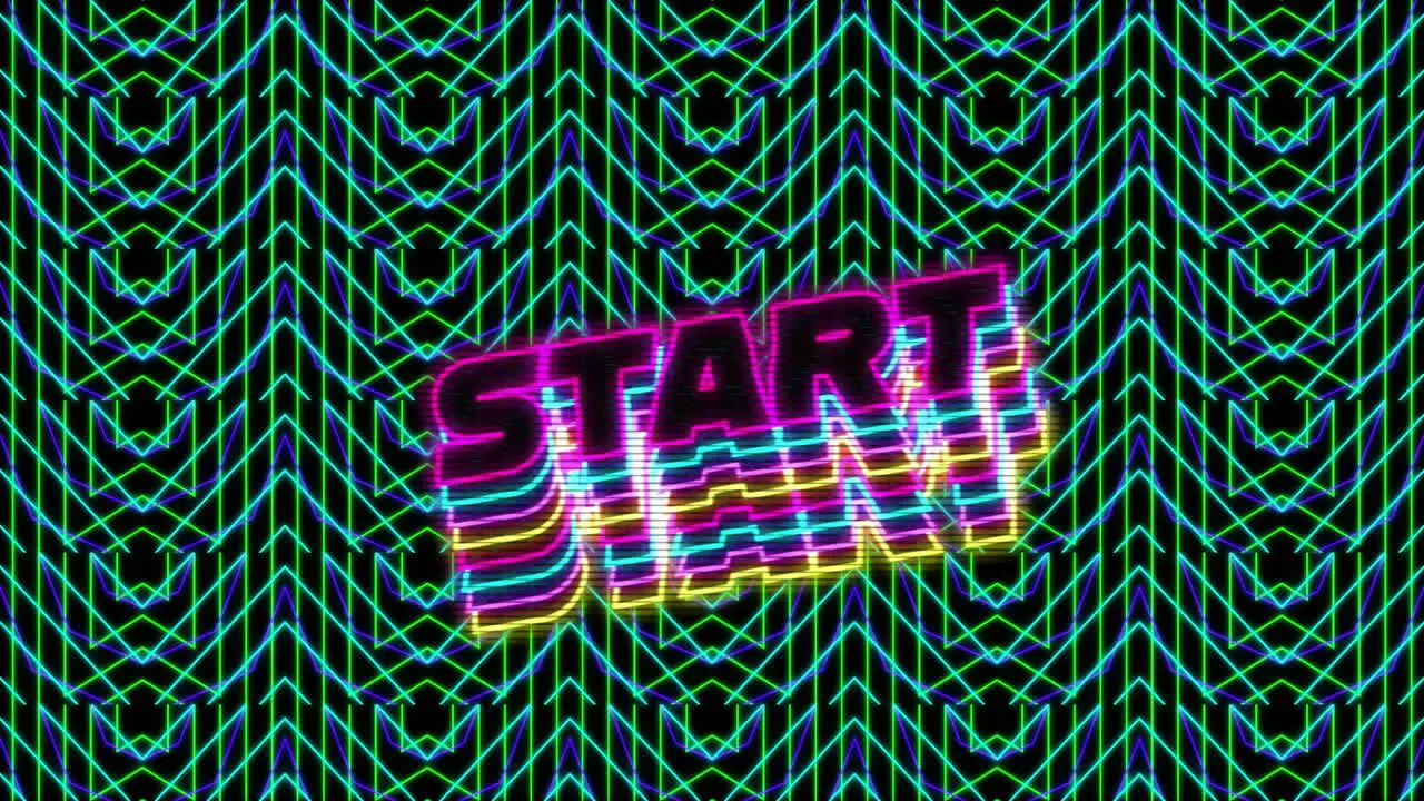 Animation of start text over kaleidoscope pattern background