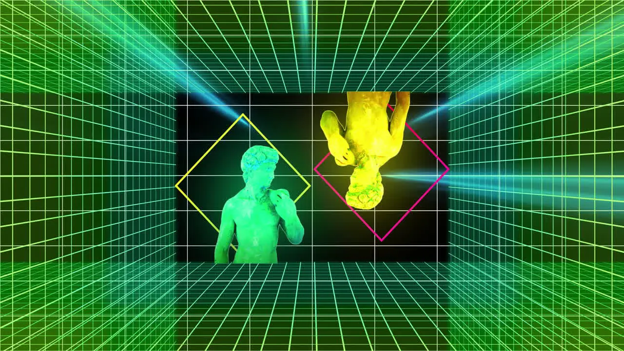 Animation of light beams and classical statues changing colour over pink grids on black