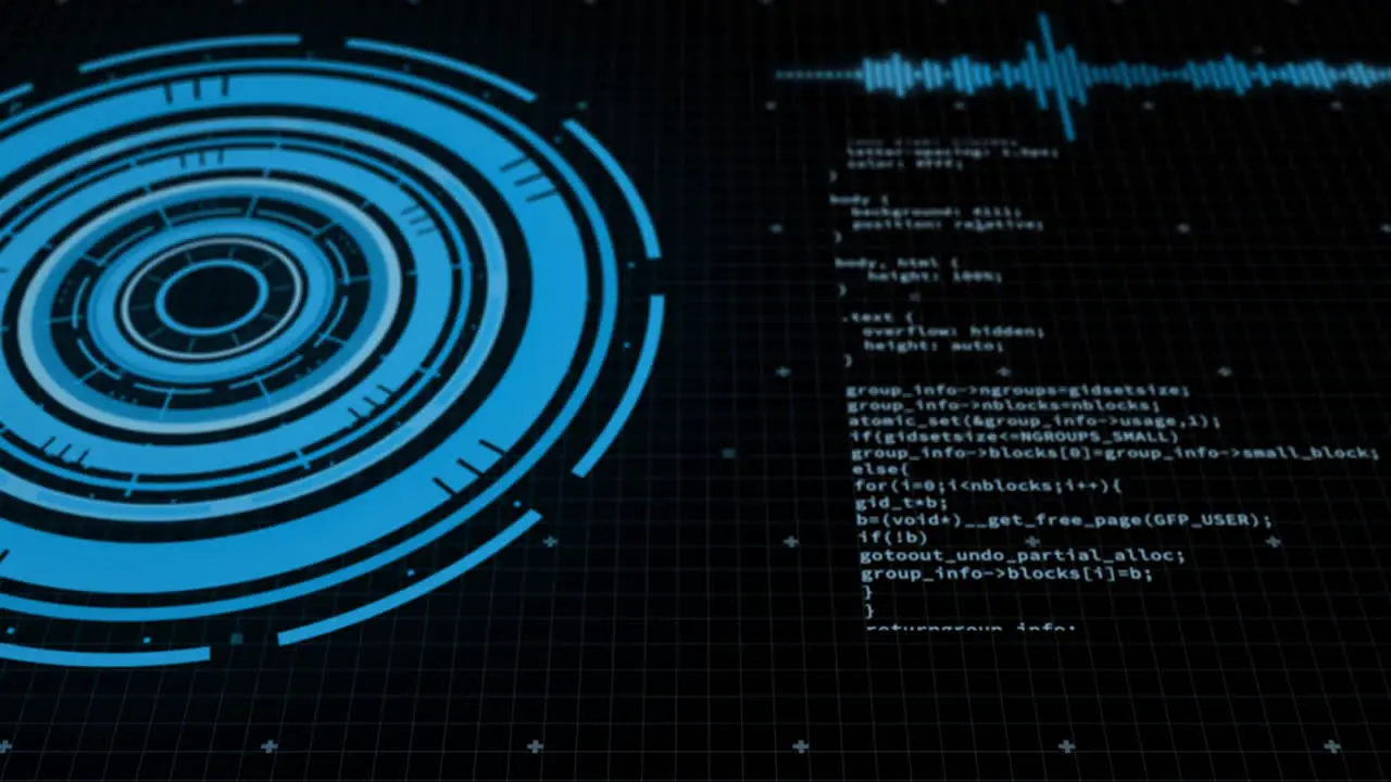 Animation of scope and data processing over black background