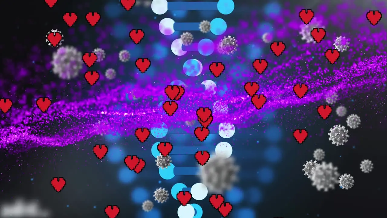 Animation of floating heart shapes dna helix and abstract pattern over white blood cells