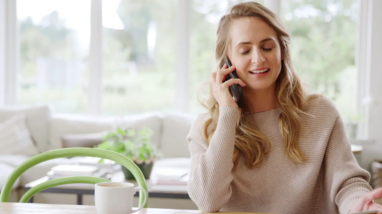 Mother On Phone Call At Home With Son Playing In Background