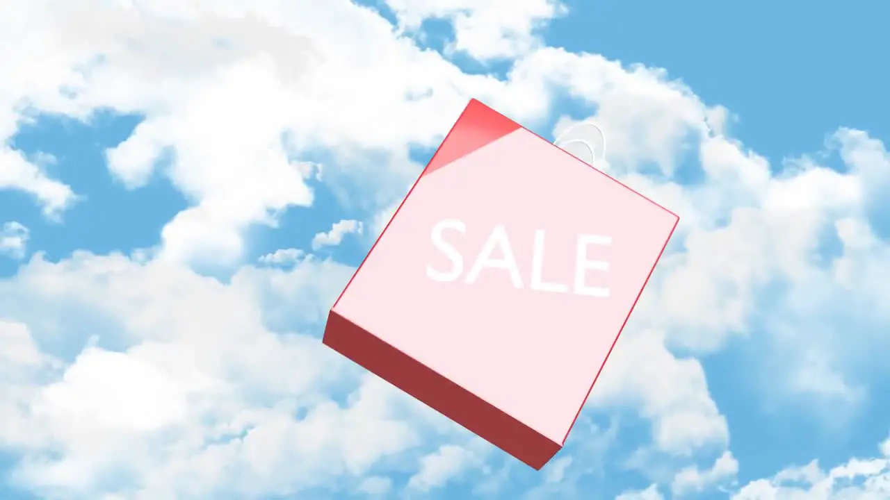 Animation of shoping bag with sale text falling over cloudy sky