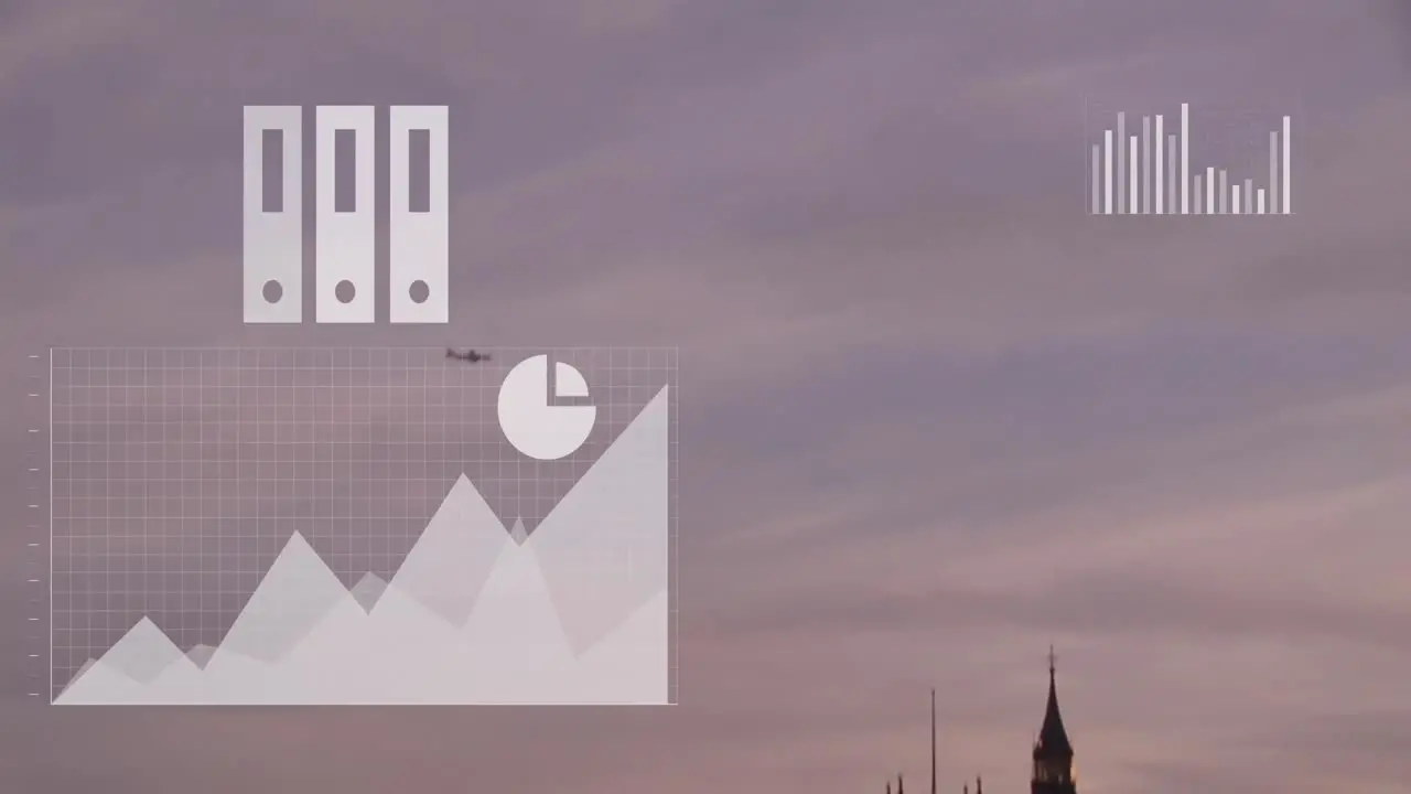 Animation of multiple icons over airplane and modern cityscape with sea against cloudy sky