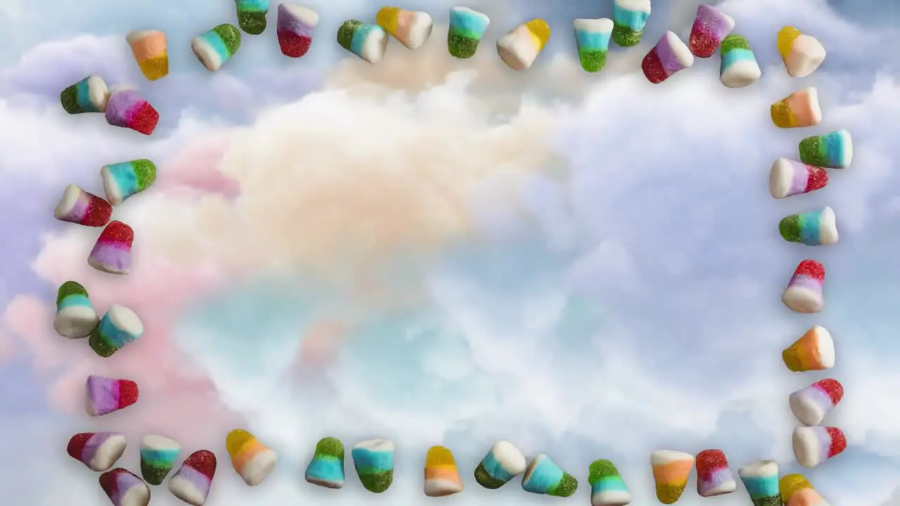 Animation of jelly beans frame over cloudy sky