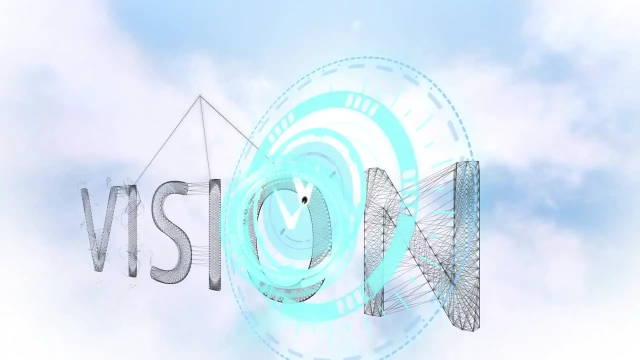 Animation of blue clock and vision text over cloudy sky