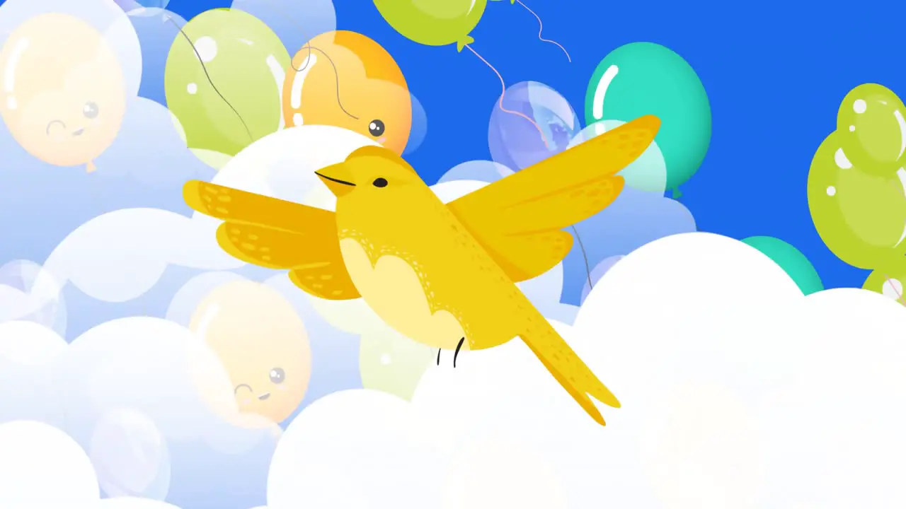 Animation of colorful balloons flying and bird over cloudy sky