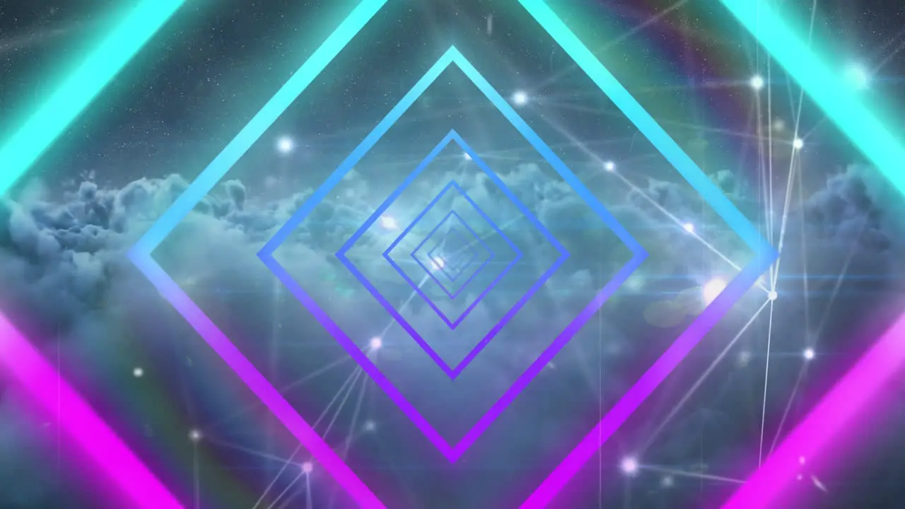 Animation of blue and pink neon geometrical shapes over cloudy sky