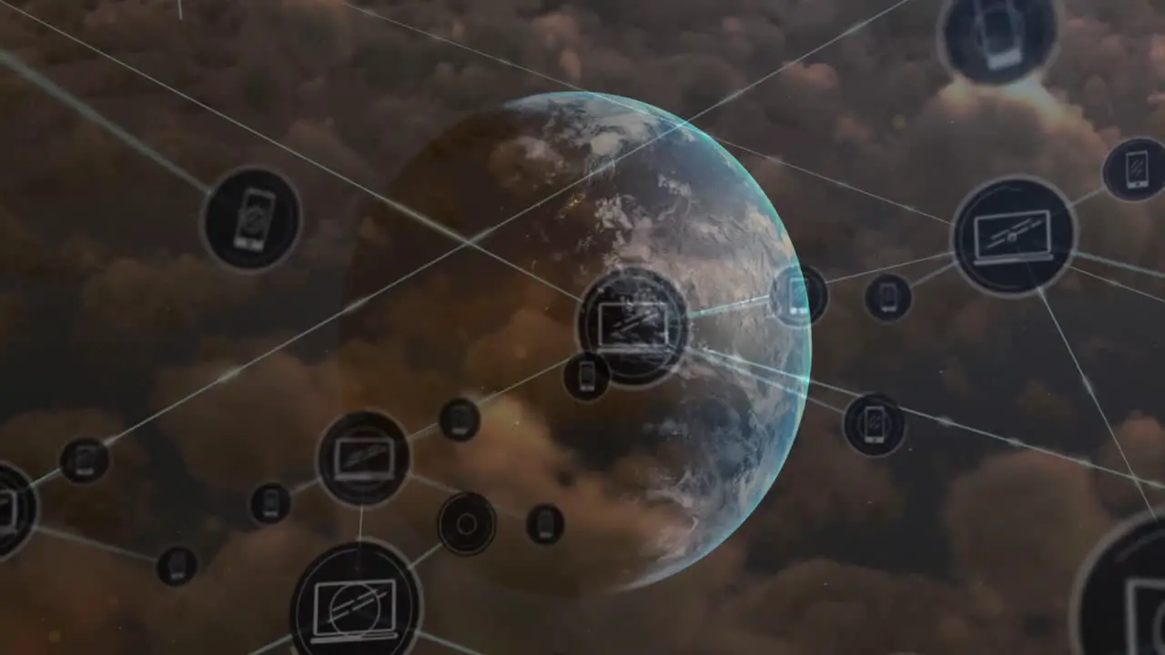 Animation of laptop and phone icons connected with lines over globe against cloudy sky