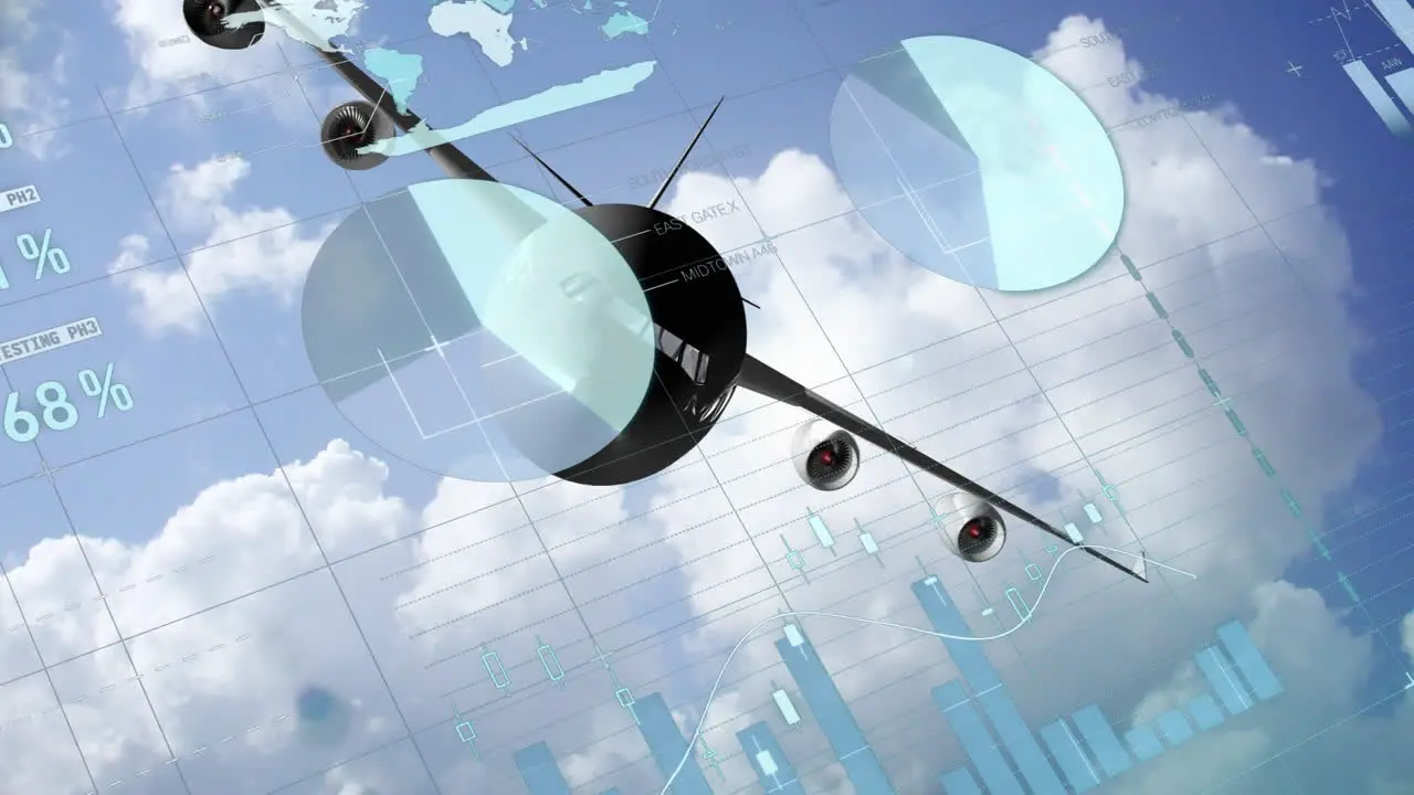 Animation of infographic interface over airplane flying against cloudy sky