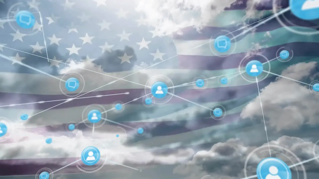 Animation of network of people icons over flag of america and cloudy sky