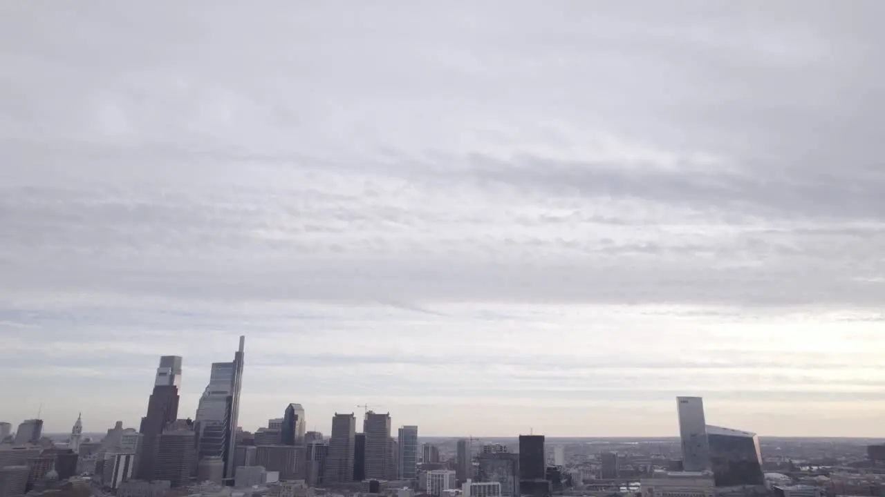 Philadelphia Skyline Drone Shot on a Cloudy Day