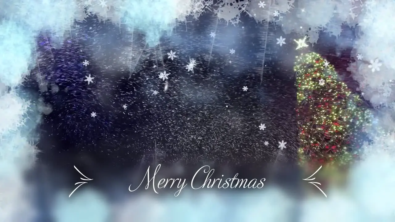 Merry Christmas_Winter Seasonal Background with animated frost snowflakes and video footage of a lit up Christmas tree