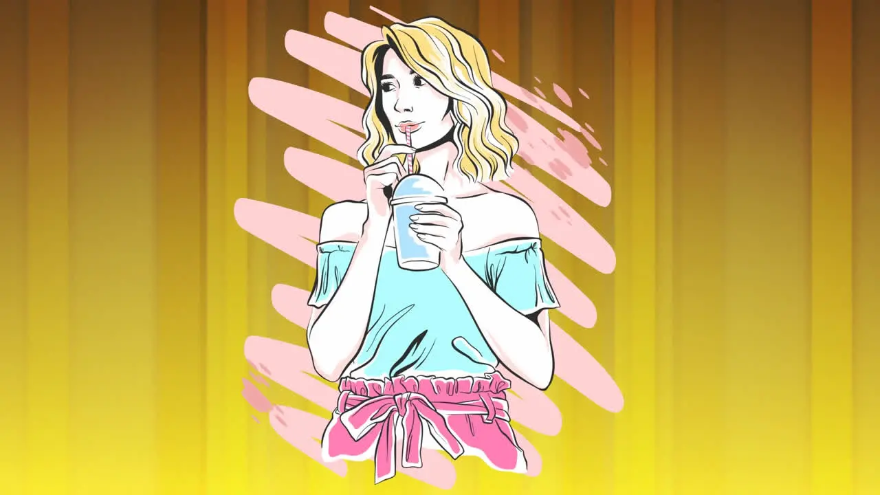 Animation of woman drinking over pink background on yellow background