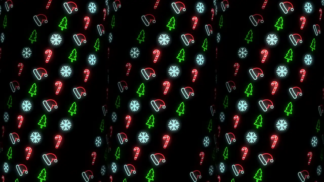 Strobe Neon Christmas Pattern Background of Santa Hat Christmas Tree Snowflake and Candy Cane in Red White and Black Looping animation Strobing