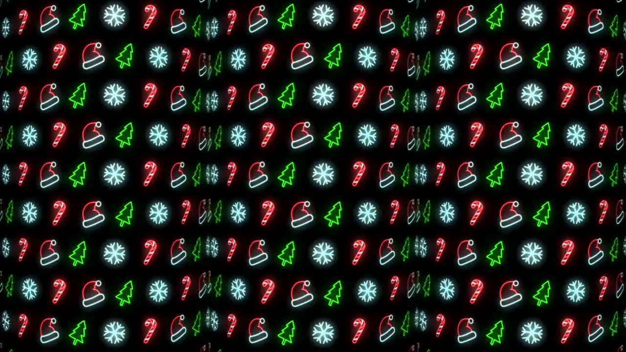 Neon Christmas Pattern Background of Christmas Tree Snowflake Santa Hat and Candy Cane in Red Black and White Looping animation