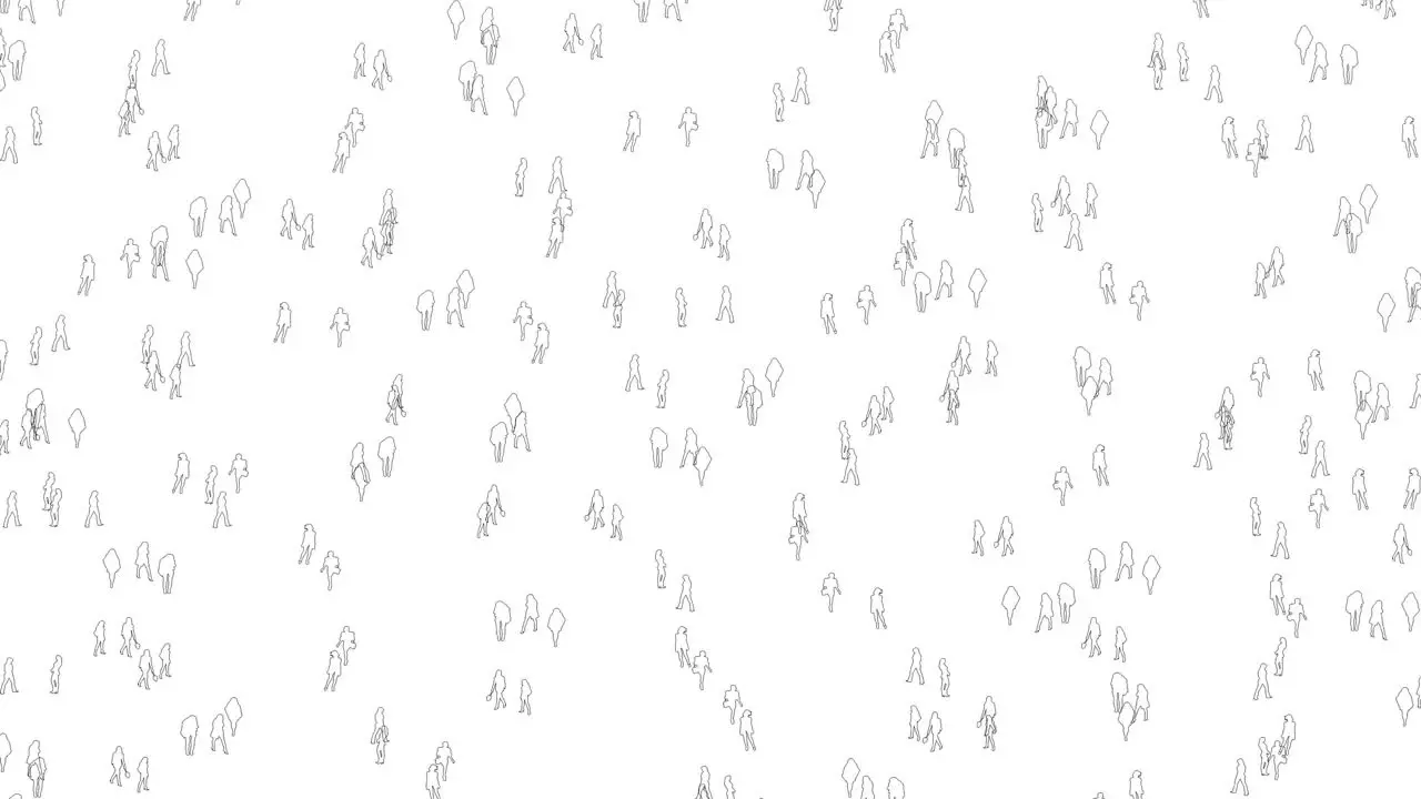 black and white outlines of people standing in a crowd -animation on the white rotating camera