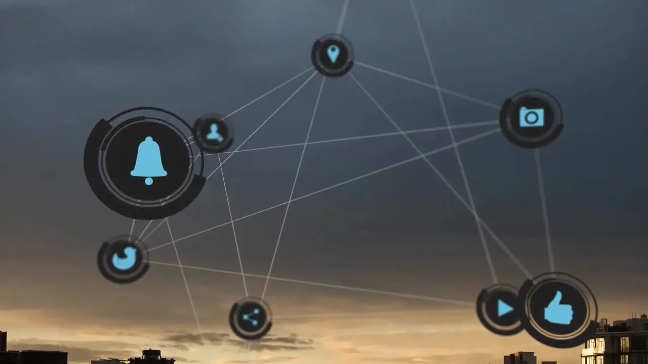 Animation of online digital icons over stormy sky and cityscape