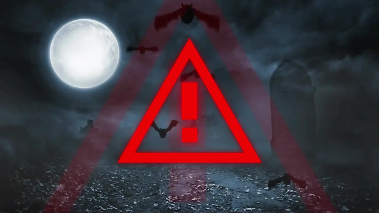 Animation of bats flying with red triangle warning sign and stormy sky in the background