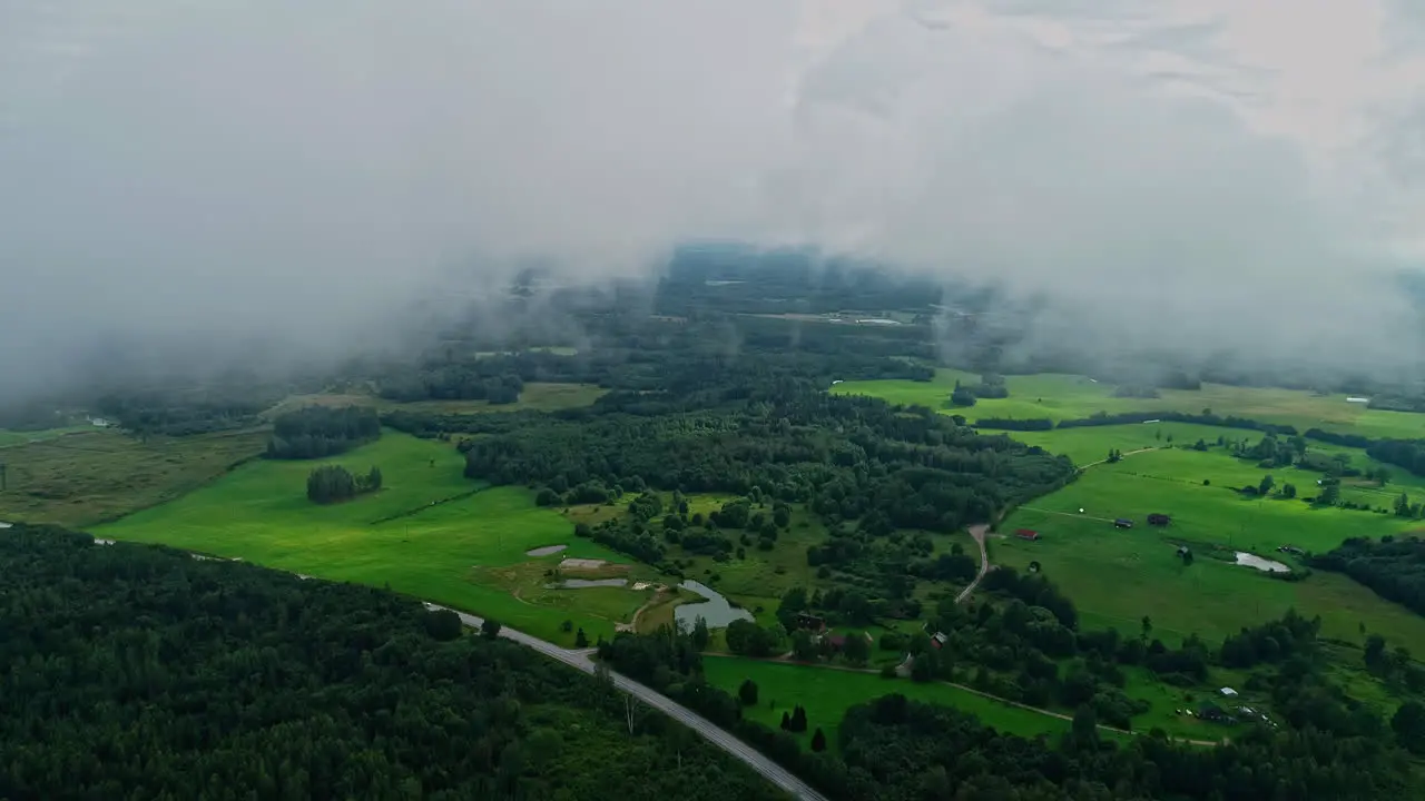 High drone footage of a green landscape under a cloud cover