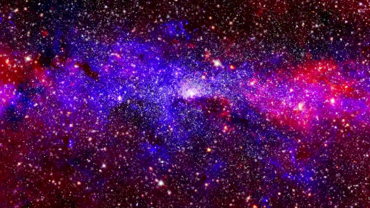 point of view moving blue and red nebula clouds floating in the universe