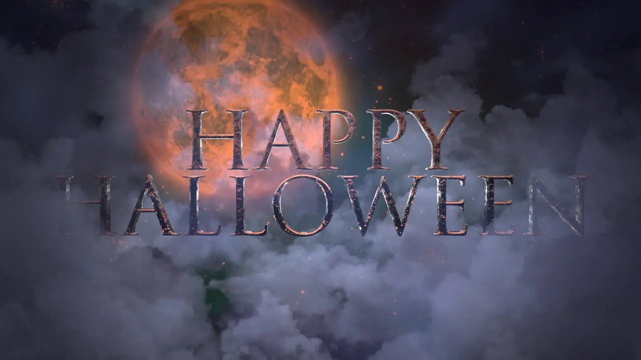 Happy Halloween with big and mystical orange moon with dark clouds