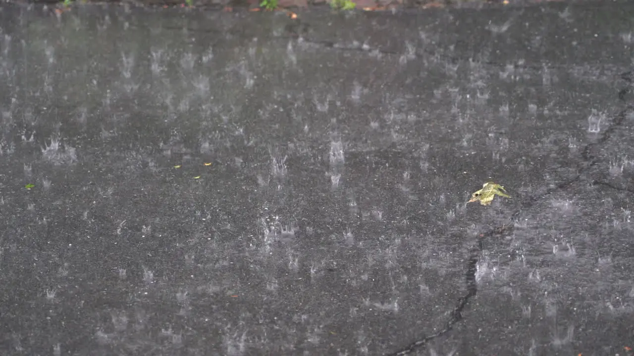 A heavy rain falling on the driveway outside during a thunderstorm