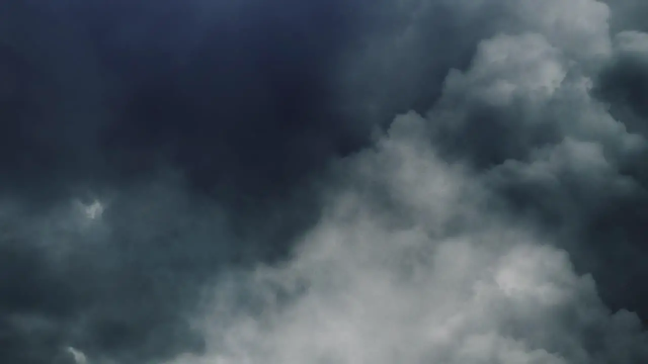 timelapse flying through a thunderstorm and lightning flashes in columnibus clouds in the sky