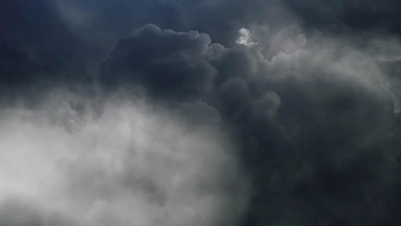 4k POV flying through white clouds with lightning strike thunderstorm