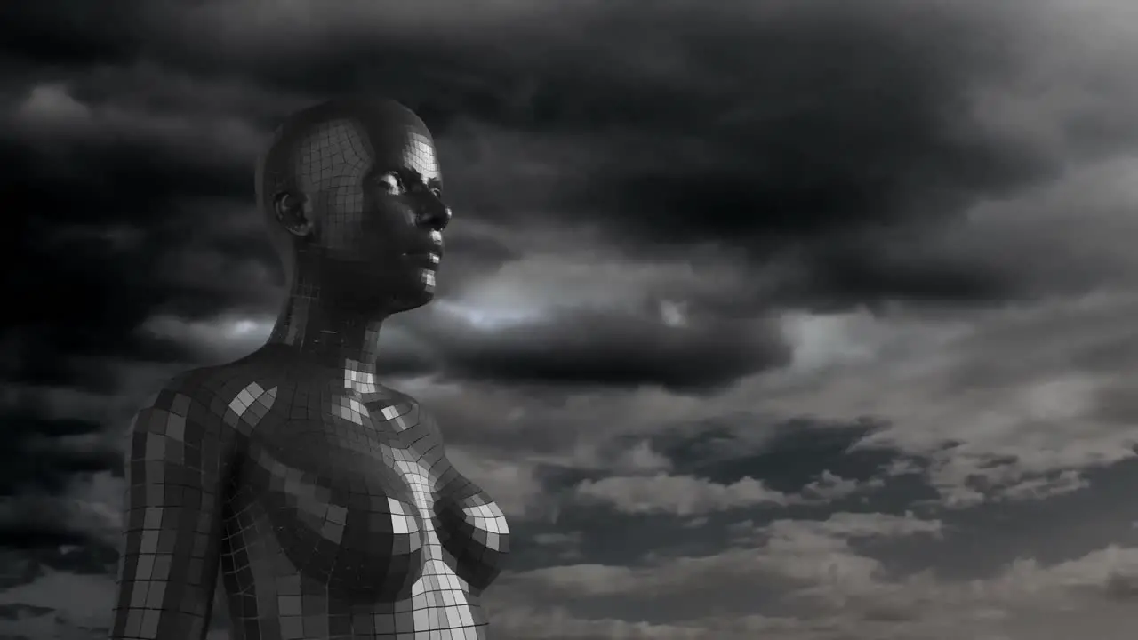 Animation of digital human body formed with grey particles over lightings and stormy sky