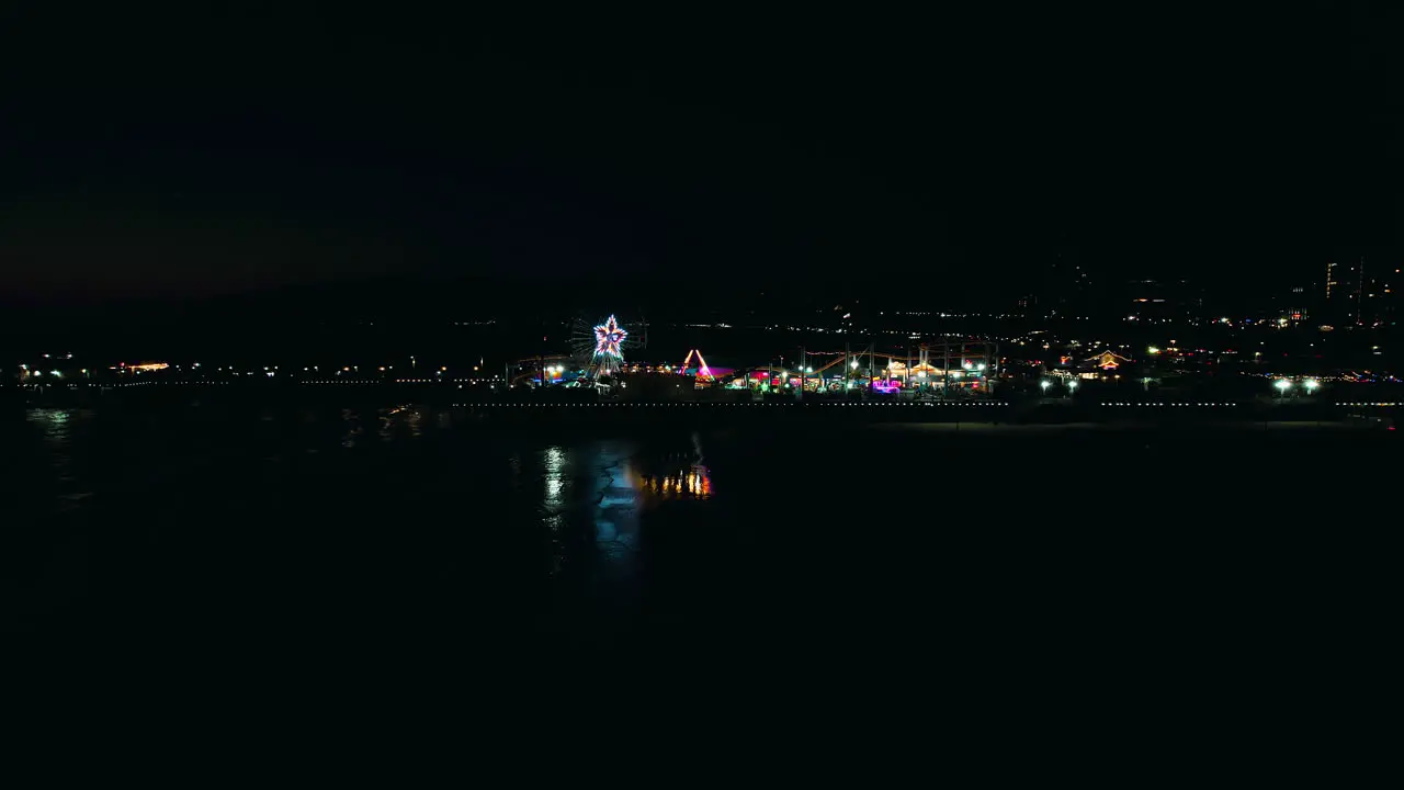 Night dolly in drone shot of santa monica pier