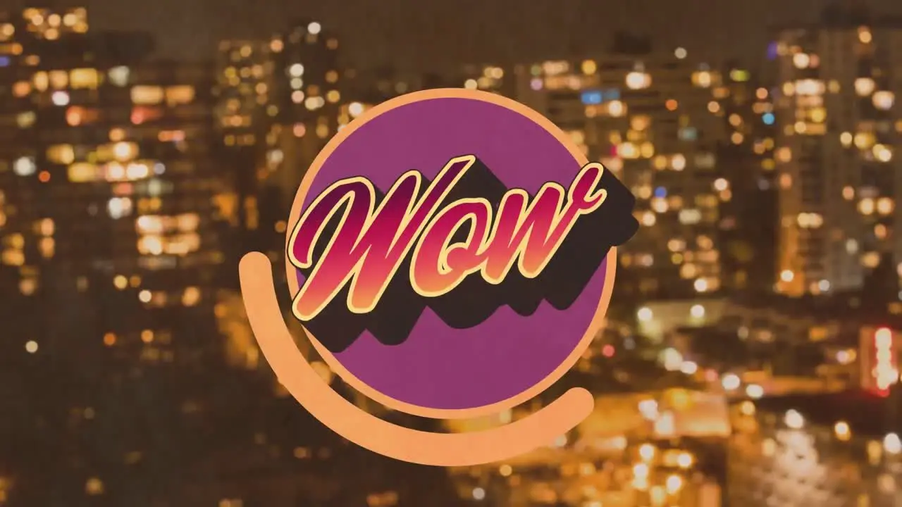 Animation of wow text on purple circle over blurred nighttime modern cityscape