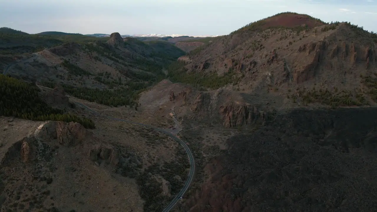 Static Drone Shot of Mountain Highway with Car Traveling Down It Tenerife Spain