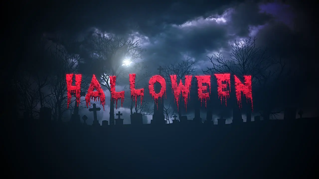 Animation text Halloween on mystical halloween background with dark clouds and grave on cemetery