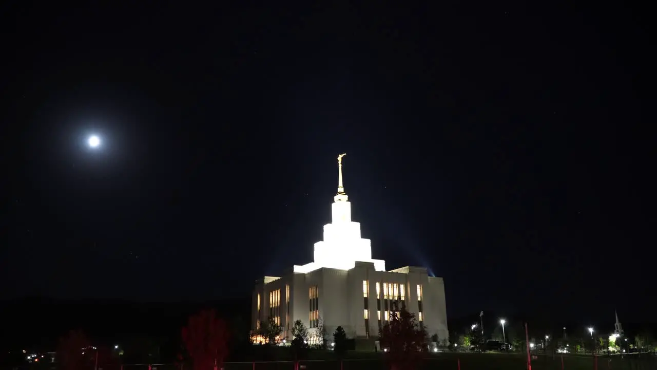 The Saratoga Springs Mormon Temple at nighttime in the late stages of construction before it opens