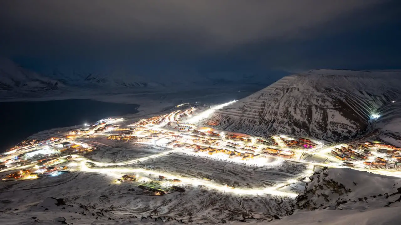 Timelapse by Night in Longyearben Town Svalbard Norway