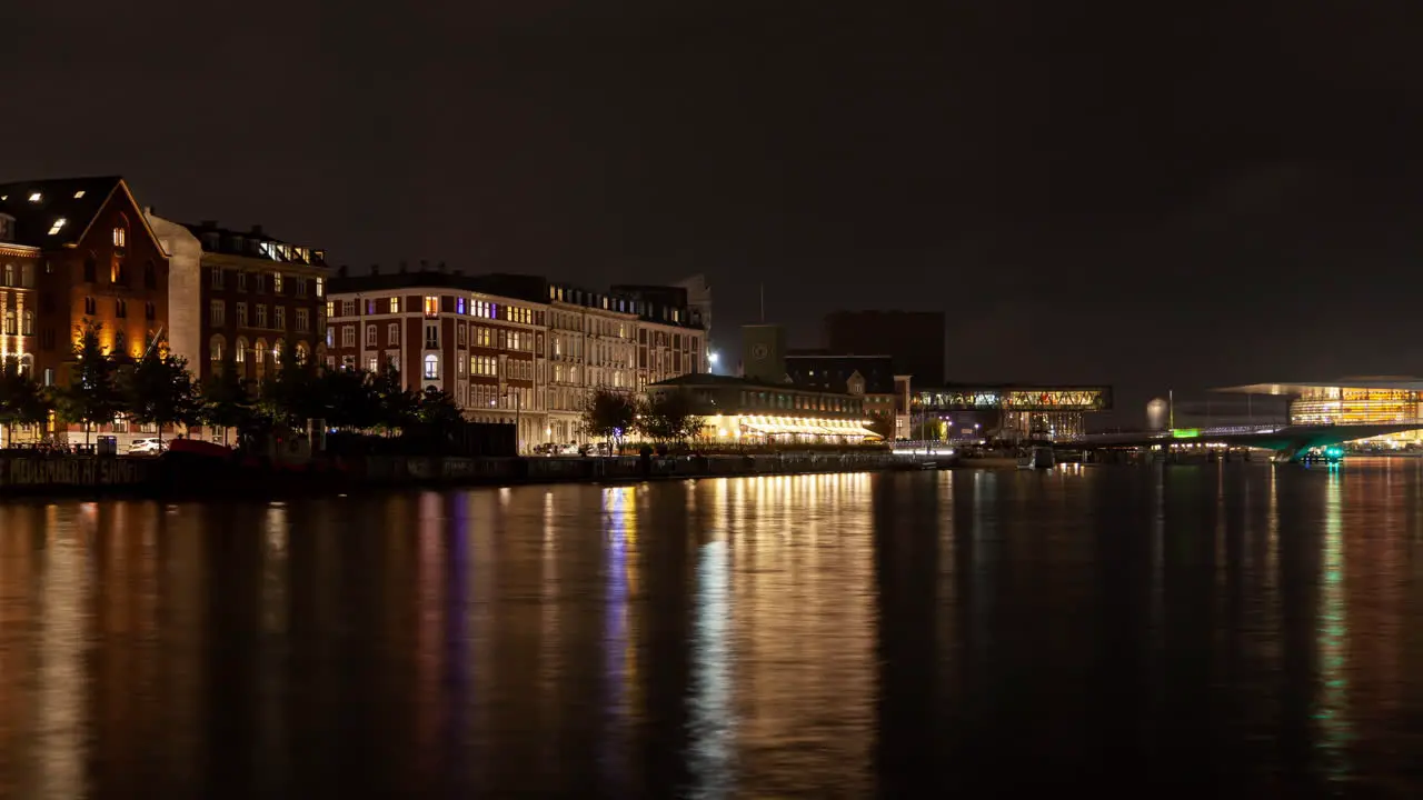 Copenhagen Night Cityscape with Water Reflection Timelapse