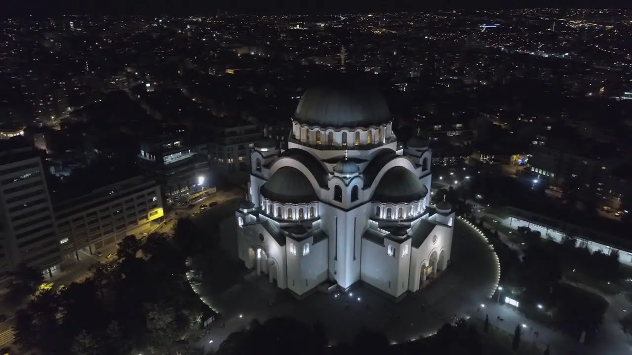 HD Aerial of an impressive orthodox temple in Belgrade in the night