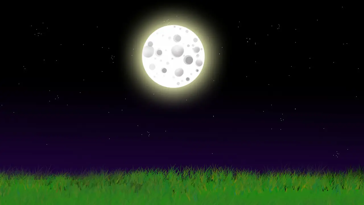 Green grass landscape starry night sky animation glowing moon educational learning information scene