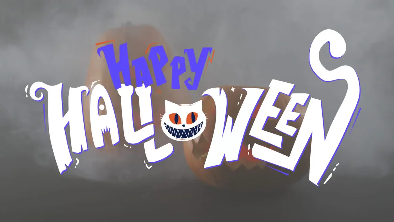 Animation of happy halloween text banner against smoke effect over scary carved pumpkins