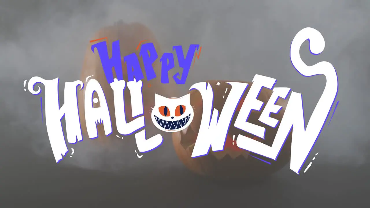 Happy halloween text banner against against smoke effect over pumpkin against grey background