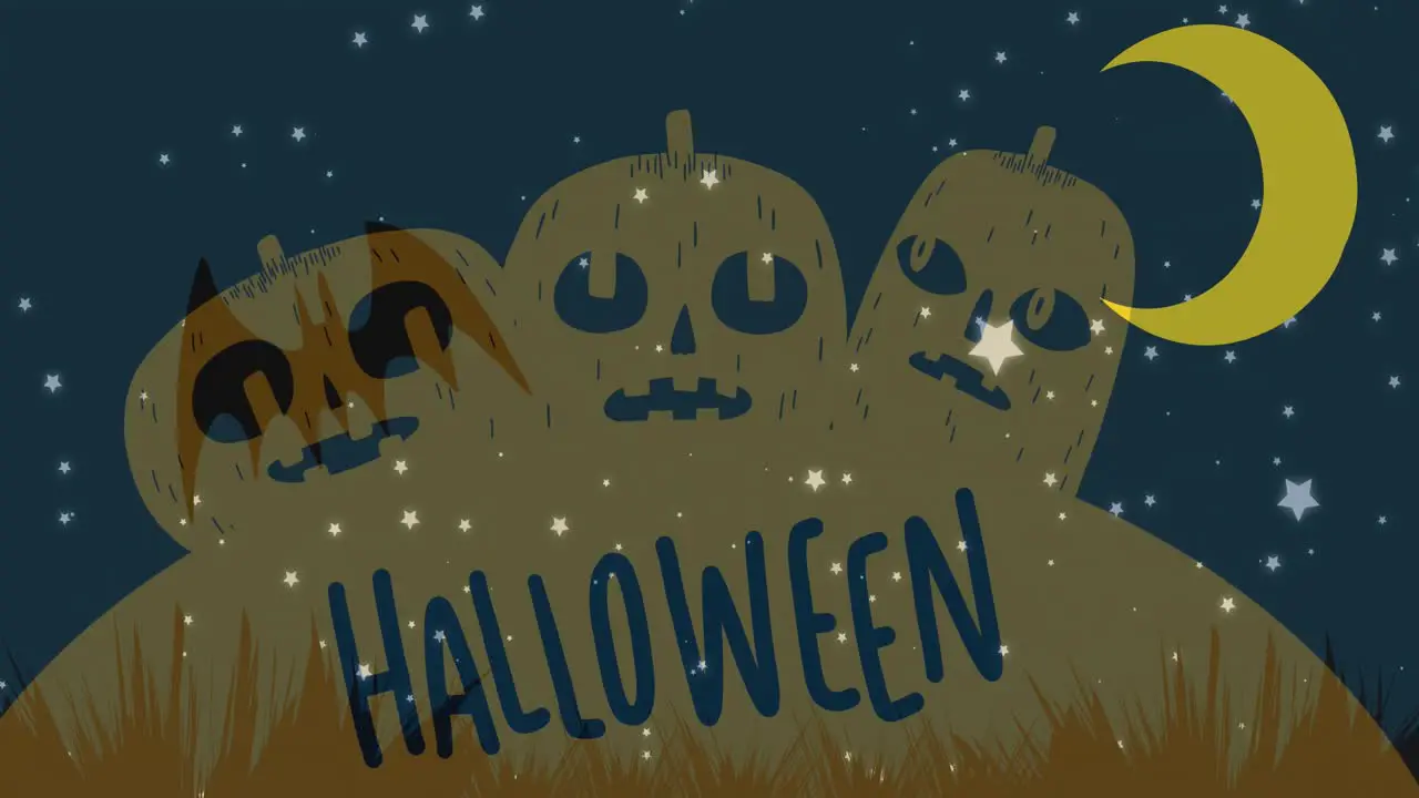 Animation of halloween text over moon and pumpkins