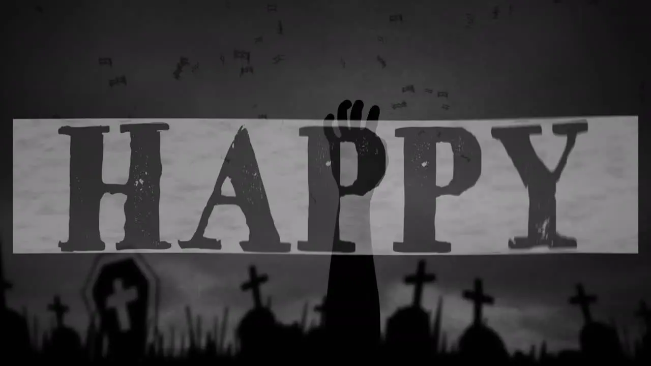 Digital animation of happy halloween text banner against zombie hand coming out of graveyard